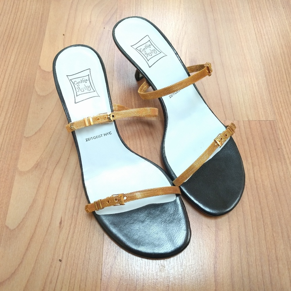 Cynthia Rowley size 8B strappy gold kitten heels